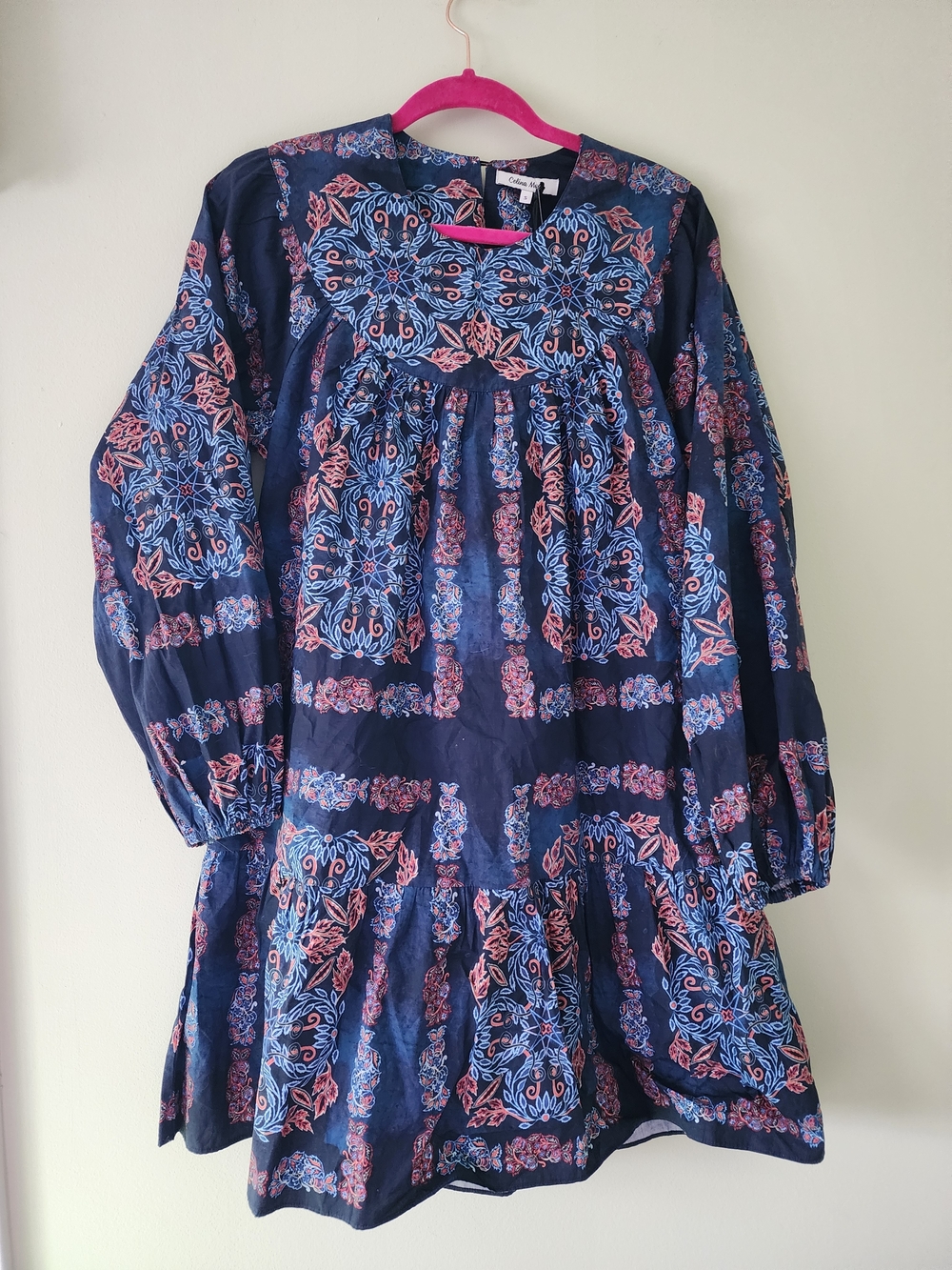 CELINA MOON Navy Dress with Red and Light Blue Floral Motif